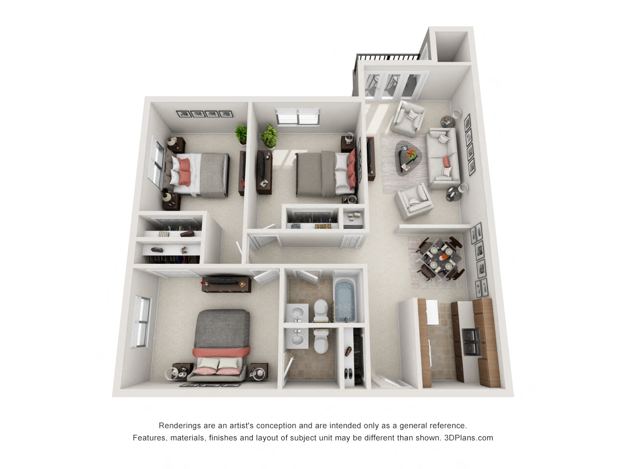 Floor plan for 3 beds, 1.5 baths, 1094 sqft